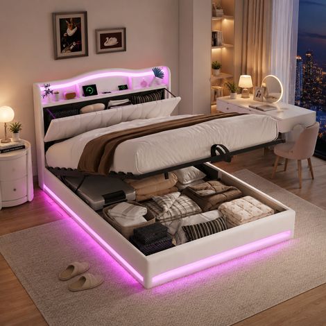 Lit coffre 140×200 cm,lumière LED et port USB,lit double,rangement hydraulique,lit capitonné,tête de lit avec rangement,cadre de lit 140×200,style moderne,sommier à lattes,lit adultes,Velours,Beige (1/5)