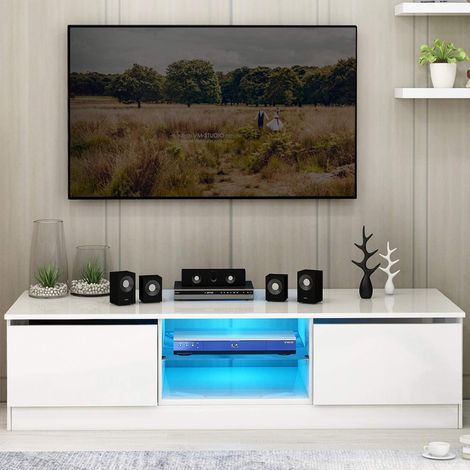 Modern TV stand, LED TV stand, 120 cm, table with 16-color RGB LED lights, storage, glossy white front and matte white top for home furniture (1/5)