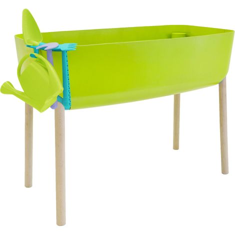 Gardenico  Potager Enfant, Jardinière Sur Pieds  Jardinière Sur Pied, Plastique Et Bois  Jeux Enfant, À Partir De 5 Ans, Hauteur 56,5Cm  4 Accessoires : Râteau, Houe, Pelle, Arrosoir