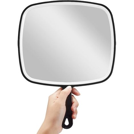 Miroir à main noir extra large avec poignée, 9 cm de largeur x 12,4 cm de longueur, miroir de poche élégant pour maquillage et soins, format pratique