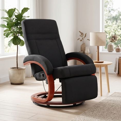 Sillón relax giratorio, respaldo reclinable 135°, reposapiés integrado, madera de eucalipto, negro (1/5)