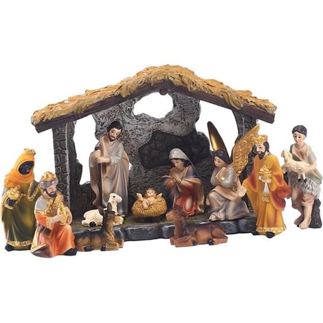 Crèche de Noël Figurines Résine Colorées Ensemble Détaillé Scène Naissance de Jésus Décoration Religieuse Maison Bureau Ornement Table Compact Couleur Aléatoire (1/5)