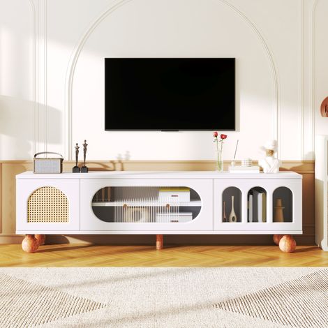 MEUBLIV Mueble TV 170 cm blanco y madera, puertas decorativas y vidrio corredero (1/5)