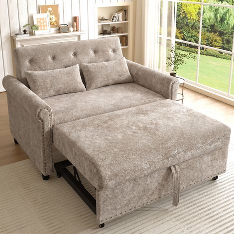 Canapé droit convertible avec fonction couchage, dossier réglable 3 positions, tissu chenille, 2 coussins confort, marron (1/5)