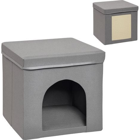 Maison pliable en forme de cube pour chat avec coussin et griffoir, 36,5 x 36,5 x 36,5 cm, grise (1/5)