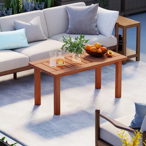 Table basse de jardin en bois avec plateau à lattes et pieds stables, surface peinte pour terrasse, piscine et jardin (1/5)