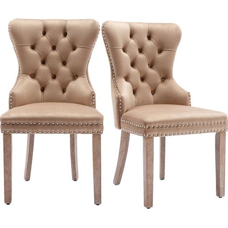 Lot de 2 chaises salle à manger velours marron style campagne — pieds bois massif, dossier clouté, hauteur réglable (1/5)