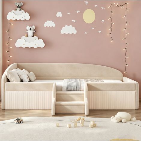 Lit enfant rembourré 90x190 cm en velours beige avec marches, gain de place, sans matelas – MEUBLIV (1/5)