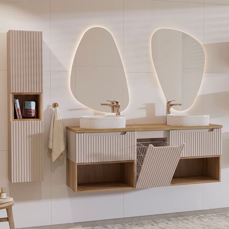 Mueble de lavabo doble Riva Cashmere y madera 160cm con cesto de ropa y pedestal (1/4)