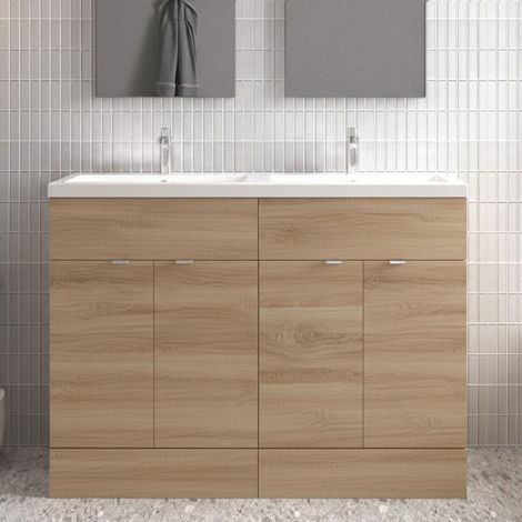Hudson Reed Fusion Floor Standing 4-Door Vanity Unit with Double Basin 1200mm Wide - Bleached Oak (1/5)