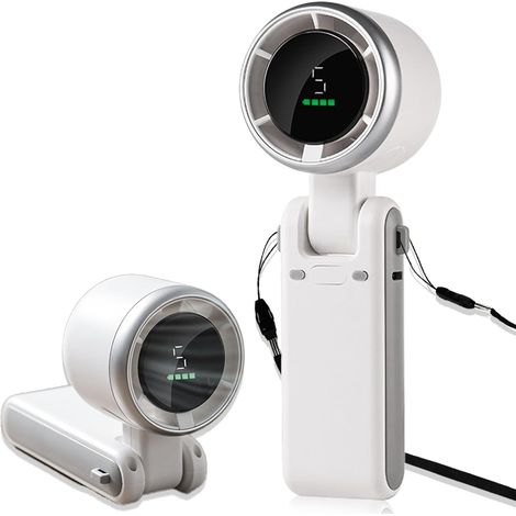 Ventilatore portatile ricaricabile, 5 velocità regolabili, mini ventilatore elettrico portatile con batteria da 4000 mAh, ventilatore da viaggio a batteria (bianco). (1/4)