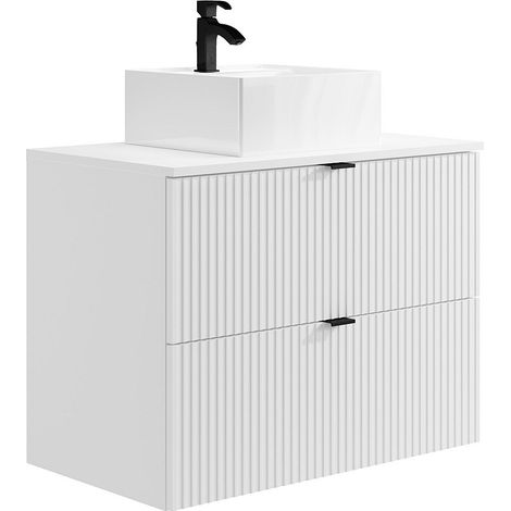 Mobile per bagno sospeso con scanalature e lavabo da appoggio L80 cm Bianco - ZEVINI
