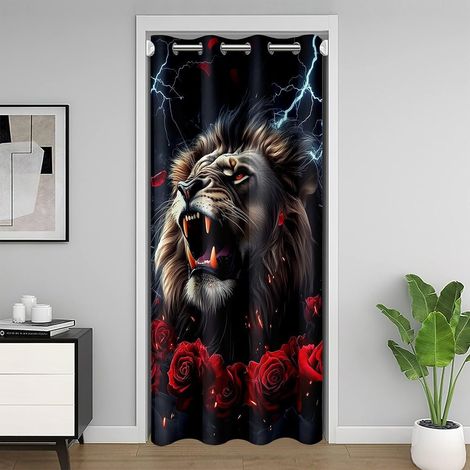 Rideau de Porte 3D Lion Rideau Occultant 106x203 Jungle Animal Sauvage Rideaux Porte pour Enfants Adultes Froid Foudre Motif Rideaux de Placard Romantique Rose Rouge Floral - 106L X 203H cm (1 Panneau (1/5)