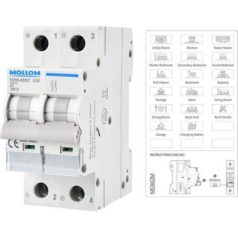 2P 400V 20A C20 Disjoncteur miniature, déclenchement thermomagnétique, 6 kA, sectionneur CC pour système photovoltaïque (1/5)
