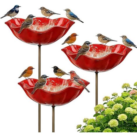 Comedero para pájaros con estaca, 2 piezas, Baño para pájaros de patio, Elegante forma de flor, caminos y patios, 60 cm, Rojo, amarillo (1/5)