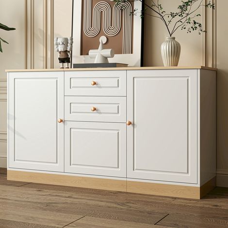 DESMIU Buffet Sideboard avec 3 portes 2 tiroirs et étagères réglables pour salle à manger ou salon en PB blanc et bois 135,5 × 39 × 76 cm (1/5)