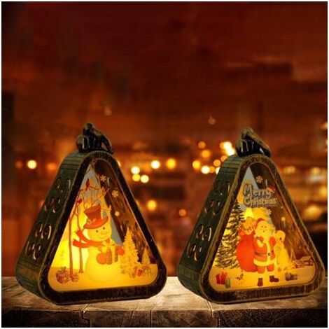 Lanterne de Noël, 2 lanternes décoratives de Noël, bougies de Noël sans flamme, lanternes de Noël vintage avec lumières LED pour cadeaux et décorations de Noël (Triangle marron) (1/5)