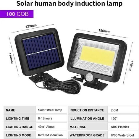 (1 pièce - 100COB) Lampe murale solaire à détecteur de mouvement, 3 modes, étanche, pour jardin et éclairage public. (1/5)