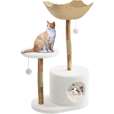 Arbre à chat moderne en bois massif et rotin – Design esthétique, panier tressé, condo spacieux, mobilier multi-niveaux pour chats d’intérieur adultes – Sans sections (1/5)