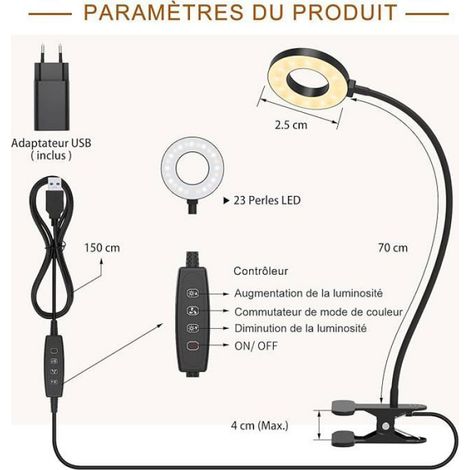 Lampe De Bureau - Pince - Col De Cygne 70 Cm - 10 W - 3 Modes Couleur - 10 Niveaux Luminosité - USB Alimenté - Noir - 1 Pièce (1/5)