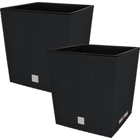 KOTARBAU® Kotarbau® Pot de Fleur Exterieur 26 x 26 cm - avec Insert Intérieur Lot de 2 - Pot Plastique Plante 15,8 L - Pot de Fleur Carré - Aspect Rotin - Anthracite (1/5)