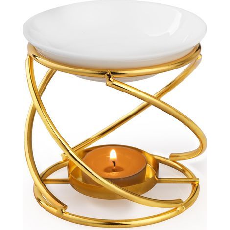 Brûleur à Huile Essentielle en Céramique en Métal Or, Brule Parfum avec Bol en Céramique, Bruleur Fondant pour Porte Bougie Décoratif à la Maison (1/4)