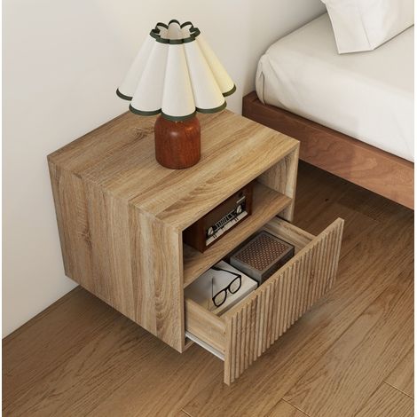 Comodino sospeso 40x39.5x35 cm, design senza maniglie, vano aperto, cassetto, legno, colore legno naturale (1/5)