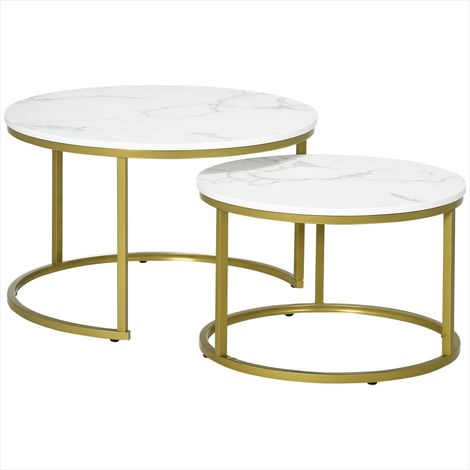 Table basse gigogne blanche imitation marbre et piètement doré (1/5)