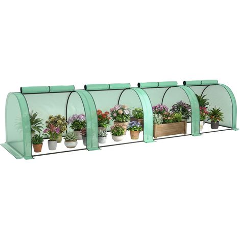 Mini-Gewächshaus für Tomaten, 4 x 1 x 0,80 m, Stahl, UV-beständiges PE, 4 Türen mit aufrollbaren Reißverschlüssen, grün