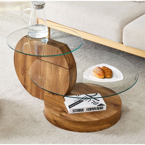 Tavolino da caffè Ø69.8x45 cm trasparente effetto legno in MDF e vetro temperato con ripiani multipli (1/5)