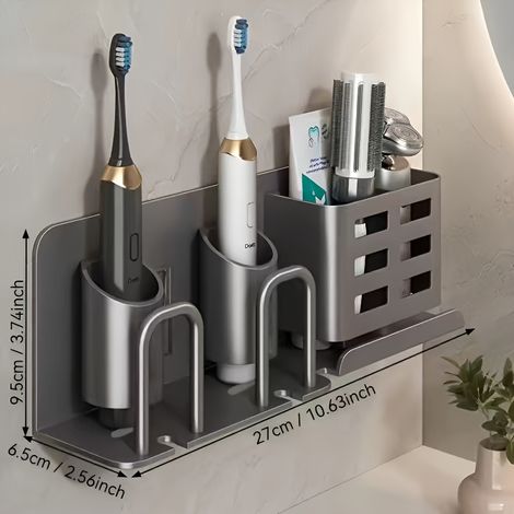 Wall-Mounted Toothbrush Holder No-Drill Installation Multi-Color with Storage Slots& Cups Space-Saving Bathroom Organizer for Electric Toothbrushes And Razors Modern Design (1/5)