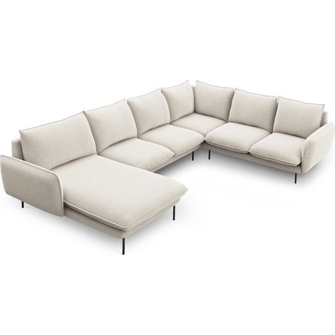 Canapé d'angle panoramique 7 places tissu structurel beige clair (1/5)