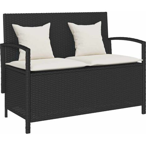 Gartenbank mit Stauraum und Kissen Schwarz Poly Rattan