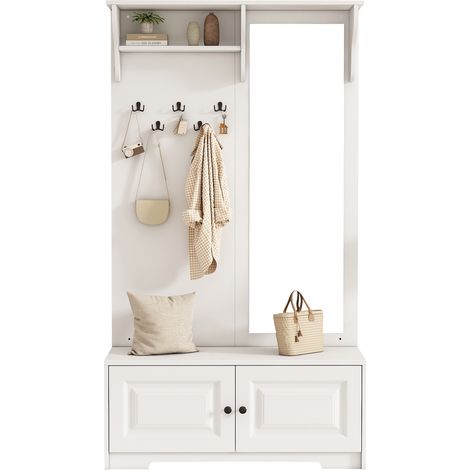 Porte-manteaux 10040180 cm avec miroir, 5 patères, 2 placards et étagère, portant à vêtements avec meuble à chaussures, blanc (1/5)