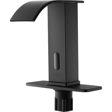 Robinet Lavabo Automatique Capteur Mouvement Sans Contact, Mitigeur Cascade Salle de Bain Toilettes, Cache Trou Inclus, Pile, Eau Chaude/Froide, Tuyau 9,5 mm, Lavabo Commercial, Noir Mat (1/5)
