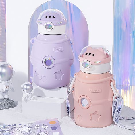 Gourde isotherme en acier inoxydable avec paille, mignonne et de grande capacité, violette, idéale pour les enfants et les garçons. De haute qualité. (1/5)
