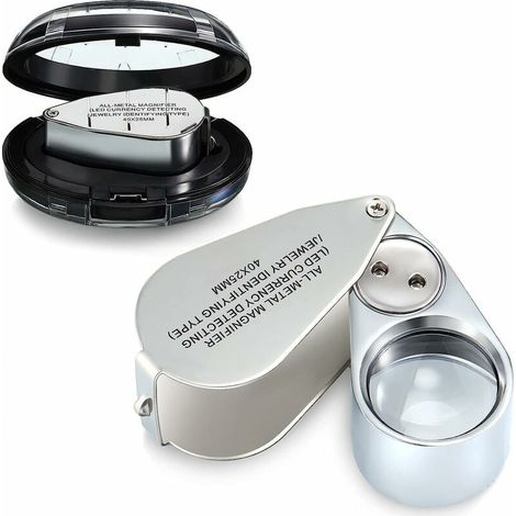 Lente d'ingrandimento 40X, lente da gioielliere in metallo illuminata, lente d'ingrandimento tascabile pieghevole con luce LED e UV per l'ispezione di gioielli e monete. (1/5)