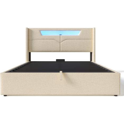 (=AB20303637B)Lit double rembourré LED avec fonction de charge USB Type C et éclairage LED, lit de rangement, cadre de lit en lin, lit jeune 160x200 avec sommier à lattes (sans matelas) (1/5)