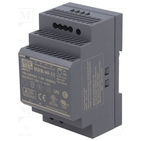 Transformateur LED rail DIN 60W 12V 4,5A – Protection courts-circuits et surtensions – Montage sur rail TS35 – PC ignifuge (1/5)