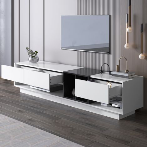 Meuble TV bas, combiné laqué blanc et noir, design à blocs de couleurs, tiroirs, compartiments, nombreux espaces de rangement. (1/5)