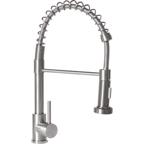 Grifo de cocina moderno con rociador extraíble mezclador con resorte de acero inoxidable acabado mate caño giratorio plateado Maihue