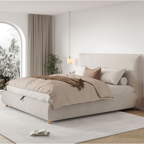 Cama arca doble 180x200 cm con cabecero y somier de lamas, tapizada en terciopelo crema (1/5)
