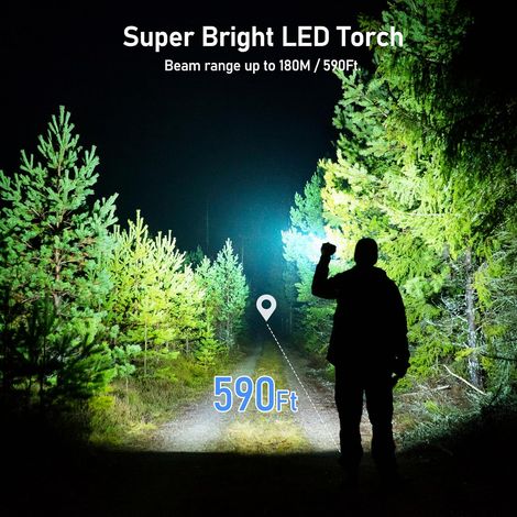 Lampe Torche LED Rechargeable, 2000LM Lampe de Poche LED Ultra Puissante en Aluminium, 4 Modes d'éclairage & Zoomable, Étanche & Longue Durée pour Camping/Randonnée/Urgence/Coupure de Courant