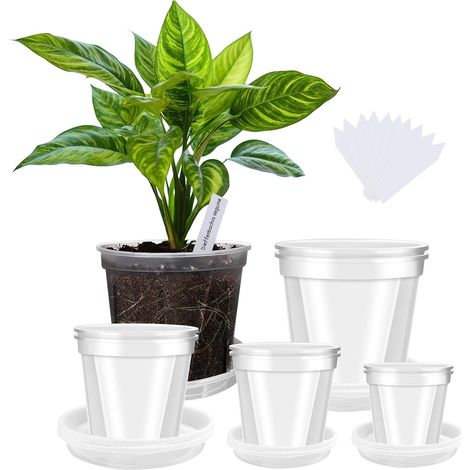 Pots de Pépinière Transparents pour Plantes,10/12/15/18cm Plastique Transparent avec Trous de Drainage,8 Pots de Jardin avec Plateau et 10 Etiquettes pour Plantes (1/5)