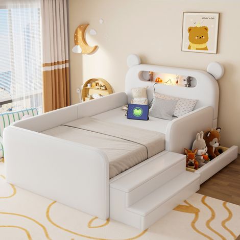 Letto imbottito per bambini 90x200 cm, testiera a forma di orso, luce notturna, USB, contenitore, ecopelle bianca (1/5)