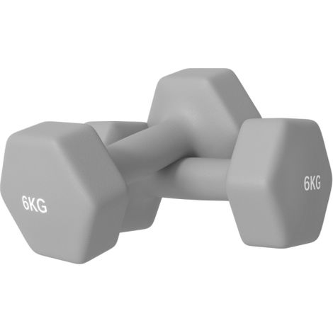 Juego de 2 mancuernas de 6 kg, diseño hexagonal, aptas para todo tipo de suelos, antideslizantes, color gris, disponibles en tienda. (1/5)