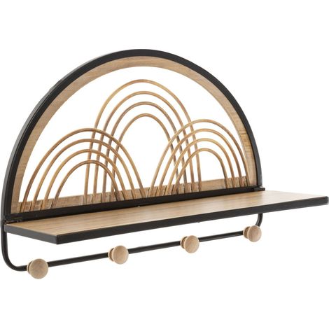 Mensola Oporto con appendiabiti in ferro, legno e rattan — 46x15,5x30 cm