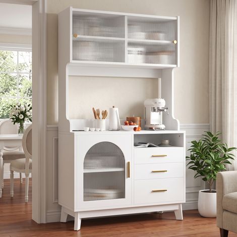Buffet haut de salle à manger 100,5x40x178 cm avec 2 prises intégrées, ports USB-A et USB-C, façade acrylique ondulée, grand rangement, blanc (1/5)