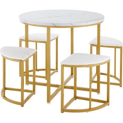 Ensemble table à manger ronde 4 pièces blanc diamètre 80cm cadre fer finition dorée, 4 chaises rembourrées velours gain de place escamotables pour petite salle à manger style luxe moderne (1/4)