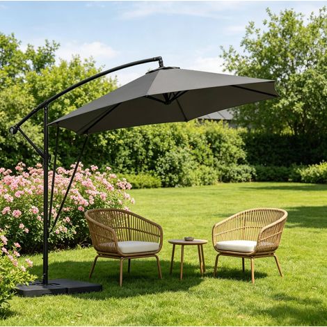 Parasol excéntrico 310x310x277 cm de metal y poliéster gris oscuro, inclinable (1/5)